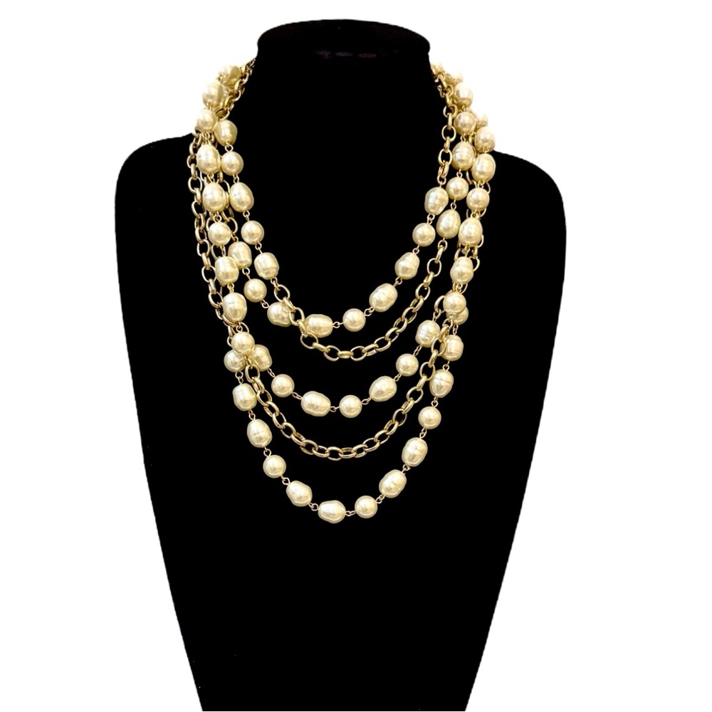 Chico's Faux Pearl Gold Chain Layered Statement Necklace - Picture 2 of 7